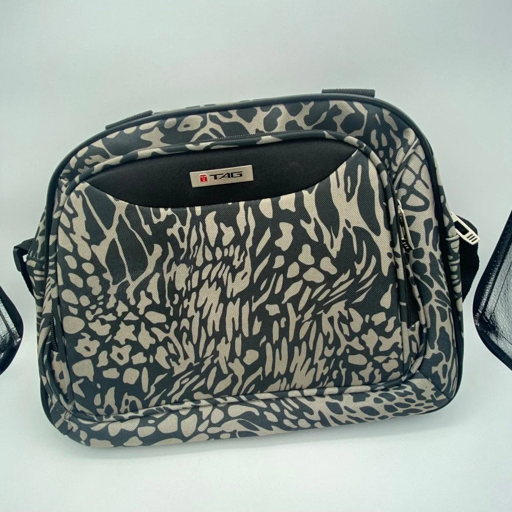 TAG Small Messenger Bag Grey Black Animal Print Canvas Crossbody